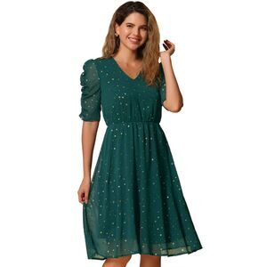 Chiffon Metallic Stars Ruched Sleeve V Neck A-line Dress Green